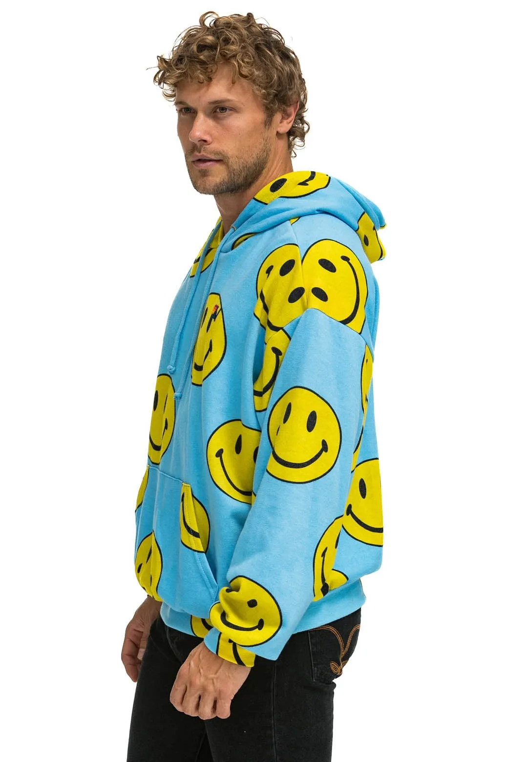 SMILEY REPEAT RELAXED PULLOVER HOODIE - SKY