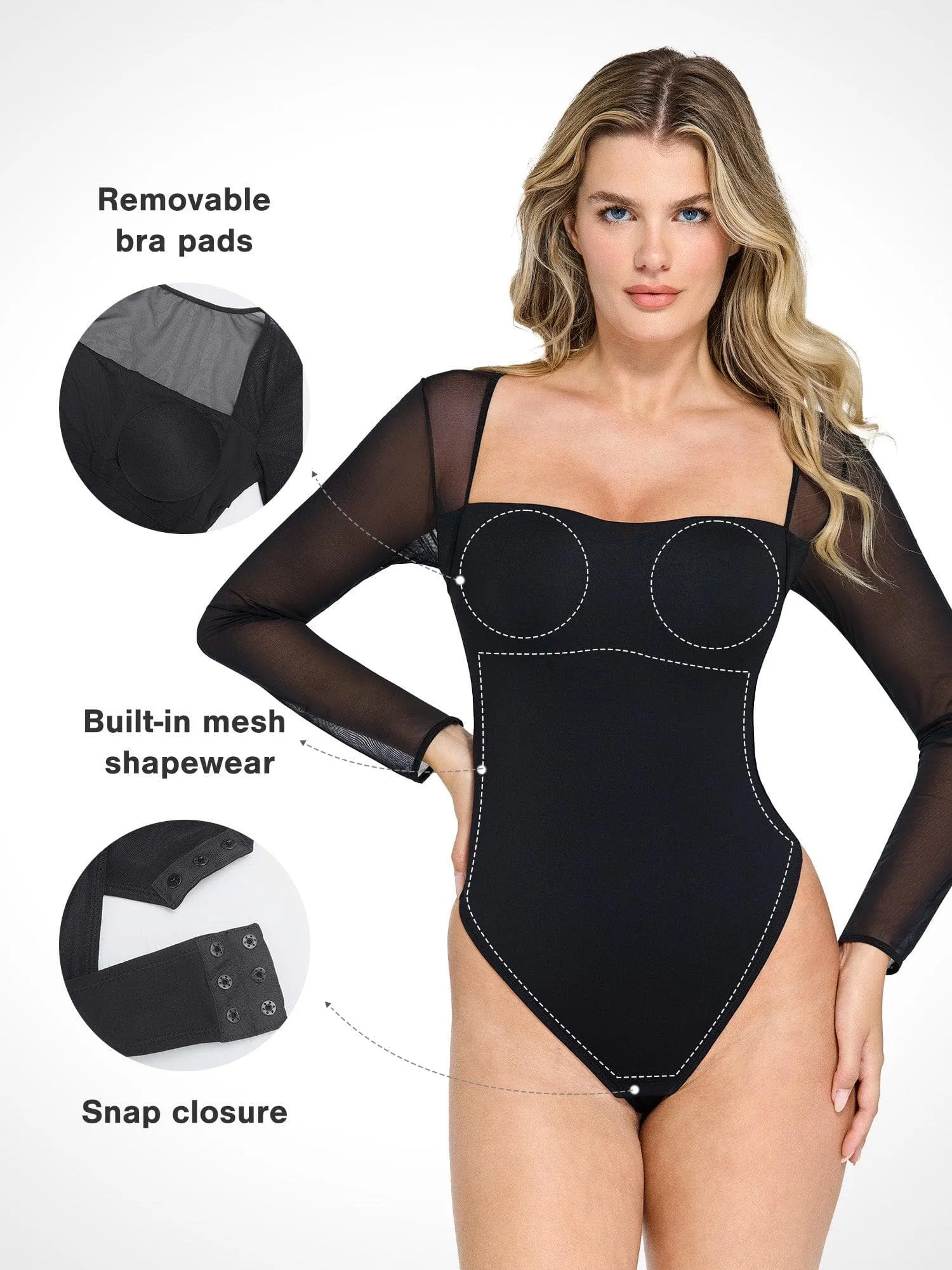 The Shapewear Bodysuit with Square Neck and Mesh Sleeves