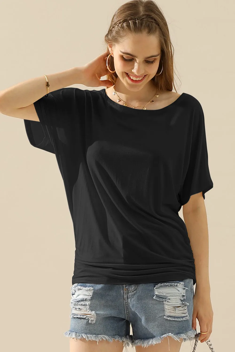 Women's Boat Neck Short Sleeve Ruched Side Top