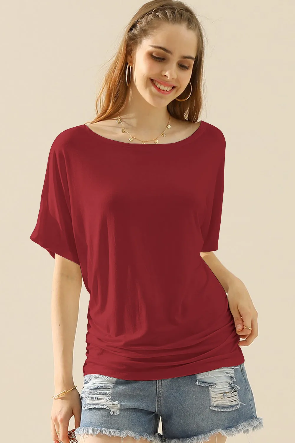 Women's Boat Neck Short Sleeve Ruched Side Top