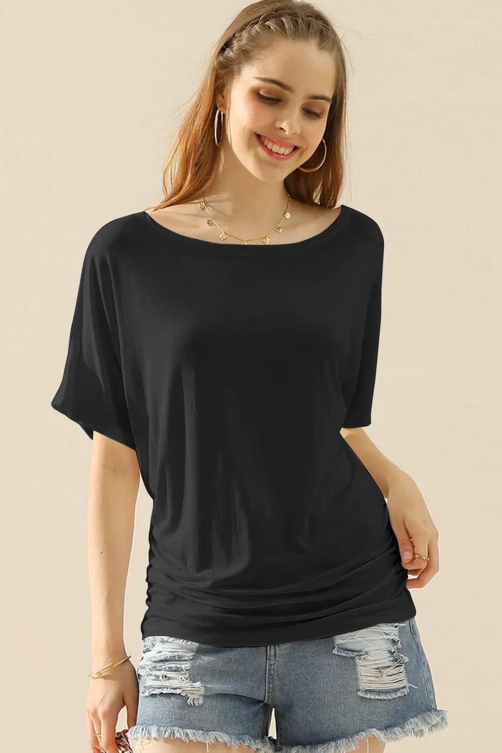 Women's Boat Neck Short Sleeve Ruched Side Top